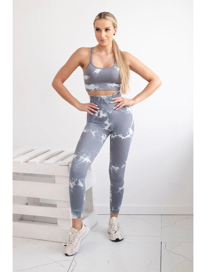 Dámský fitness set top + push up legíny - šedá/bílá