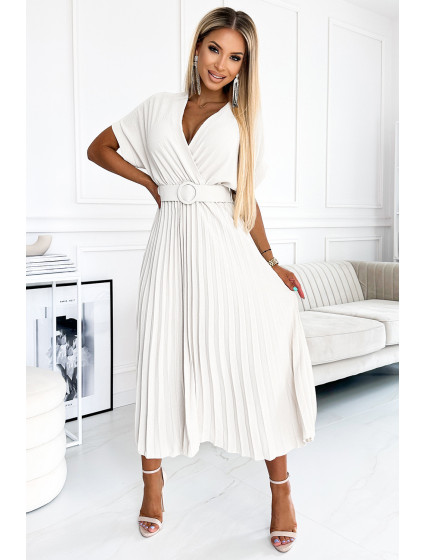 FELICIA - Bílé plisované dámské midi šaty s výstřihem a širokým opaskem 471-4