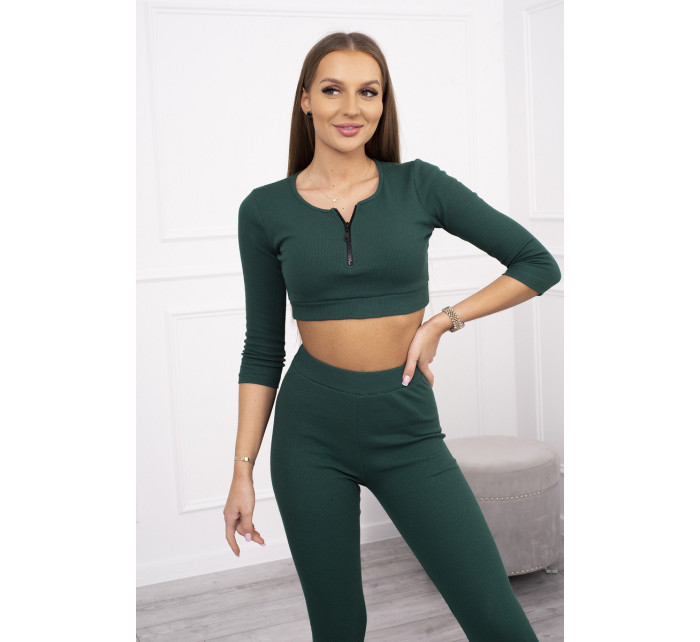 Žebrovaný crop top set tmavě zelené barvy