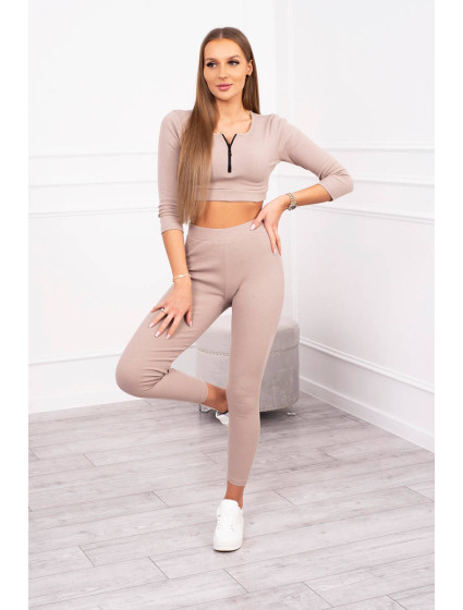 Žebrovaný crop top set tmavě béžový