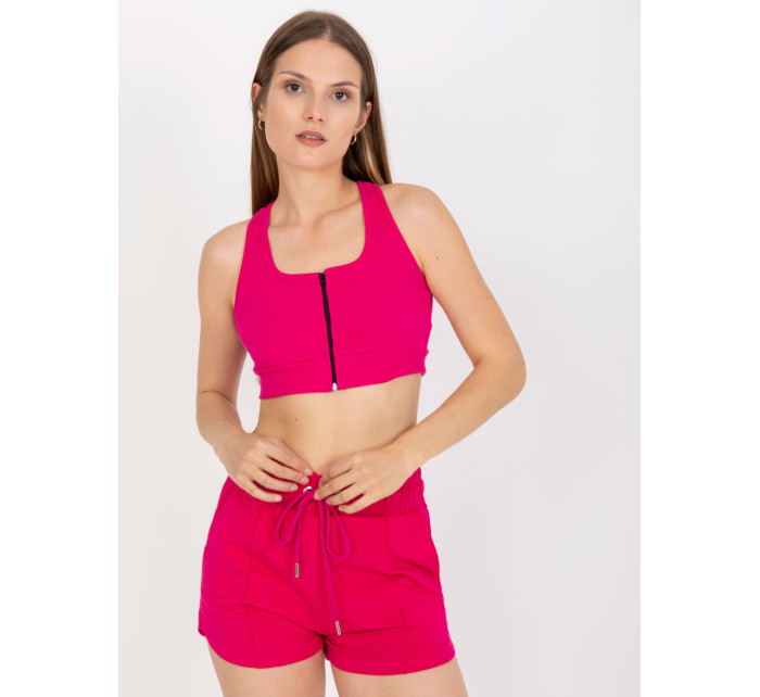 Fuchsiový žebrovaný základní crop top se zapínáním RUE PARIS