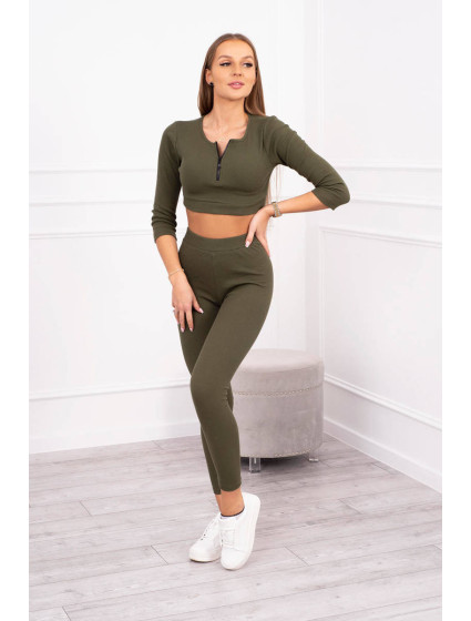 Žebrovaný crop top set khaki barvy