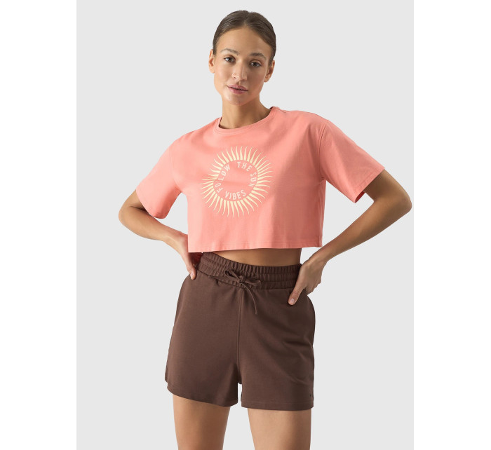 Dámské tričko crop top s potiskem 4F - lososové