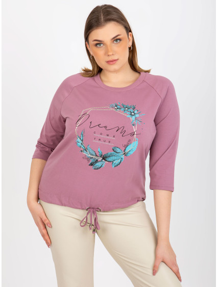 Dámské tričko plus size s 3/4 model 19992279 rukávem pudrová růžová - Fashionhunters