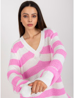 Růžový a ecru pruhovaný oversize svetr