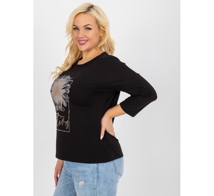 Dámská černá halenka plus size s nápisem a kamínky