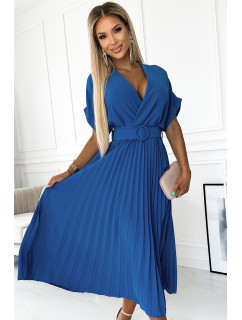 FELICIA - Plisované dámské midi šaty v džínové barvě s výstřihem a širokým opaskem 471-3